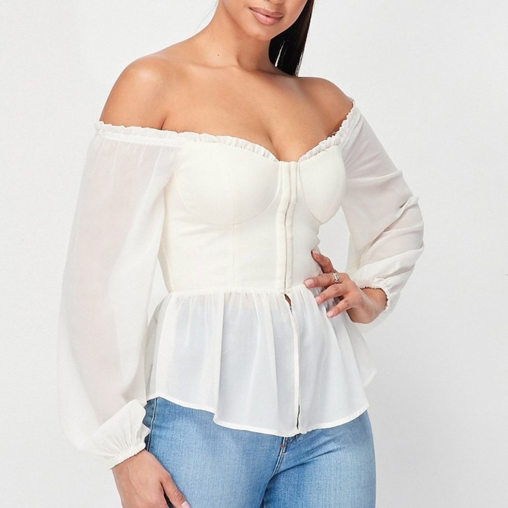 LAST CALL!!! 🚨 NWT Off the Shoulder Bell Sleeve Sheer Peplum Top (Cream)